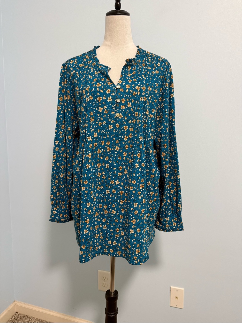 J‎ Jill Plus Long Sleeve Floral Print Blue Peasant Blouse Size 2XL